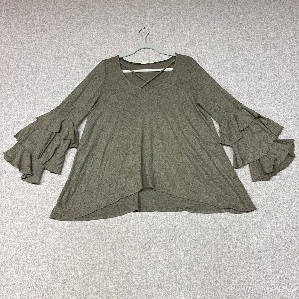 Love In | Ruffle Bell Sleeve Top | Large | Olive Green | Criss Cross V-Neck Boho